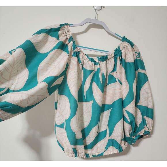 Rachel Zoe Womens Linen Blend Off-the-Shoulder Cropped Blouse Green Beige Size S - Picture 2 of 11